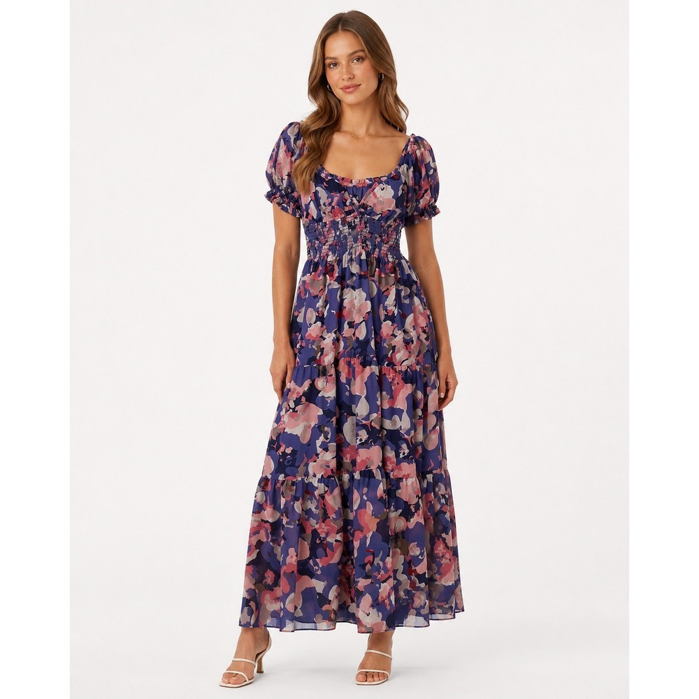 Few Moda Juliet Dress Purple Abstract Floral Smocked Tiered Maxi Size L NWT